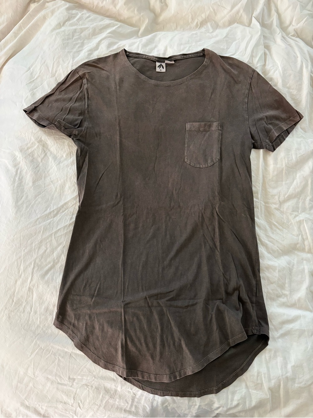Washed Brown Crew Neck Feathers Tee with Pocket
